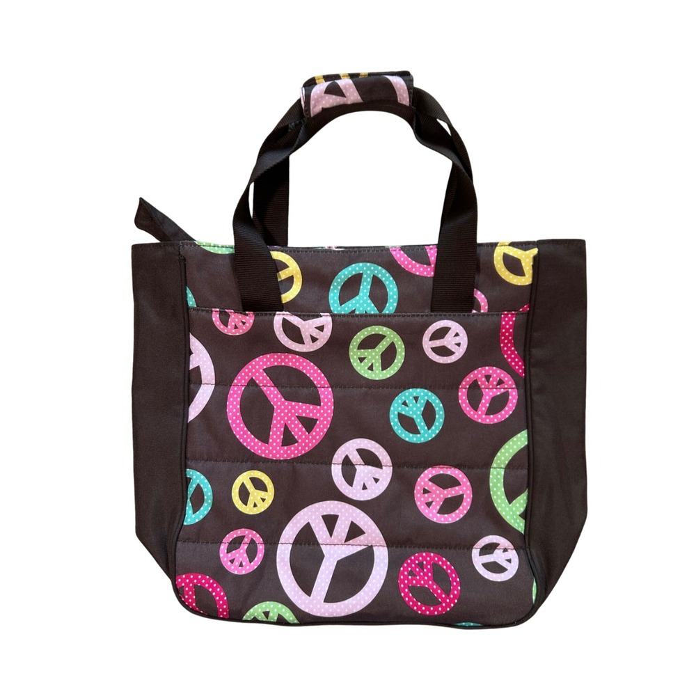 Y2K PBteen Brown Peace Sign‎ Polka Dot Tote Bag Zippered School Travel 2000s